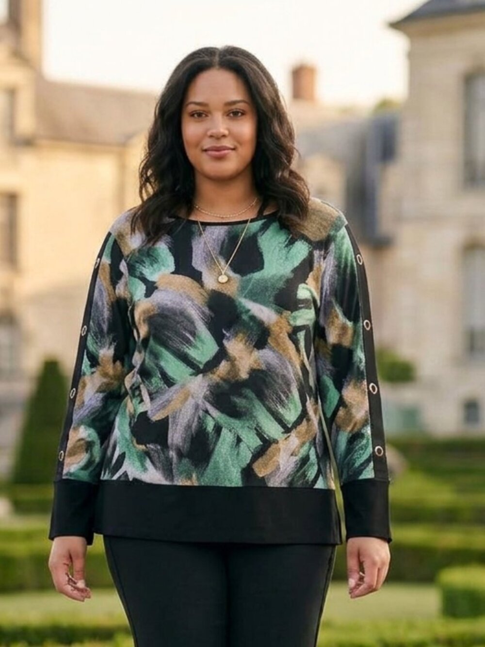 Joseph Ribkoff Black, Green & Brown Abstract Print Grommet Sleeve Top Sweater 16